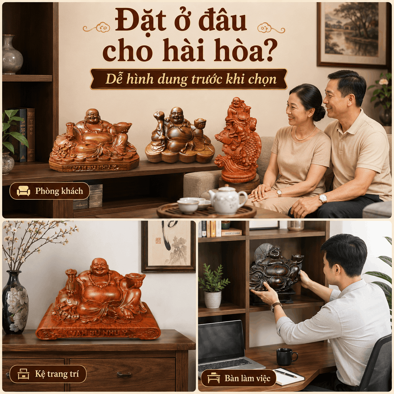 Tượng Di Lặc ngồi bằng gỗ: có những kiểu nào, nên chọn ra sao?