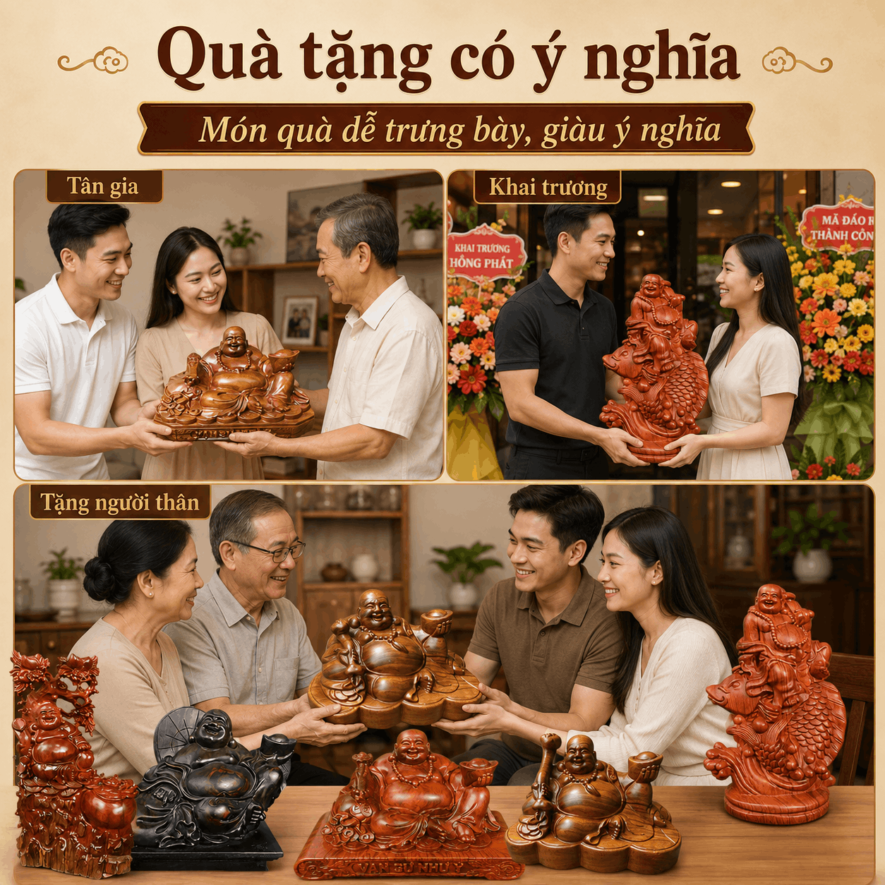 Tượng Di Lặc ngồi bằng gỗ: có những kiểu nào, nên chọn ra sao?