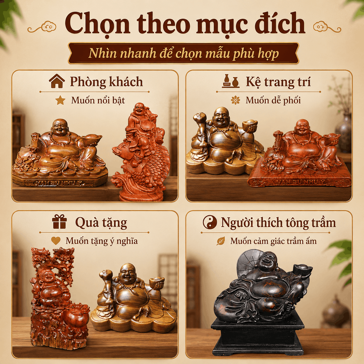 Tượng Di Lặc ngồi bằng gỗ: có những kiểu nào, nên chọn ra sao?