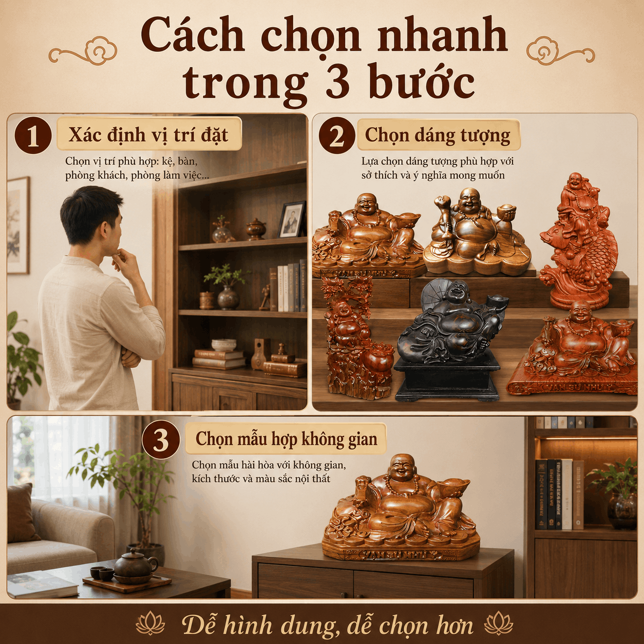 Tượng Di Lặc ngồi bằng gỗ: có những kiểu nào, nên chọn ra sao?
