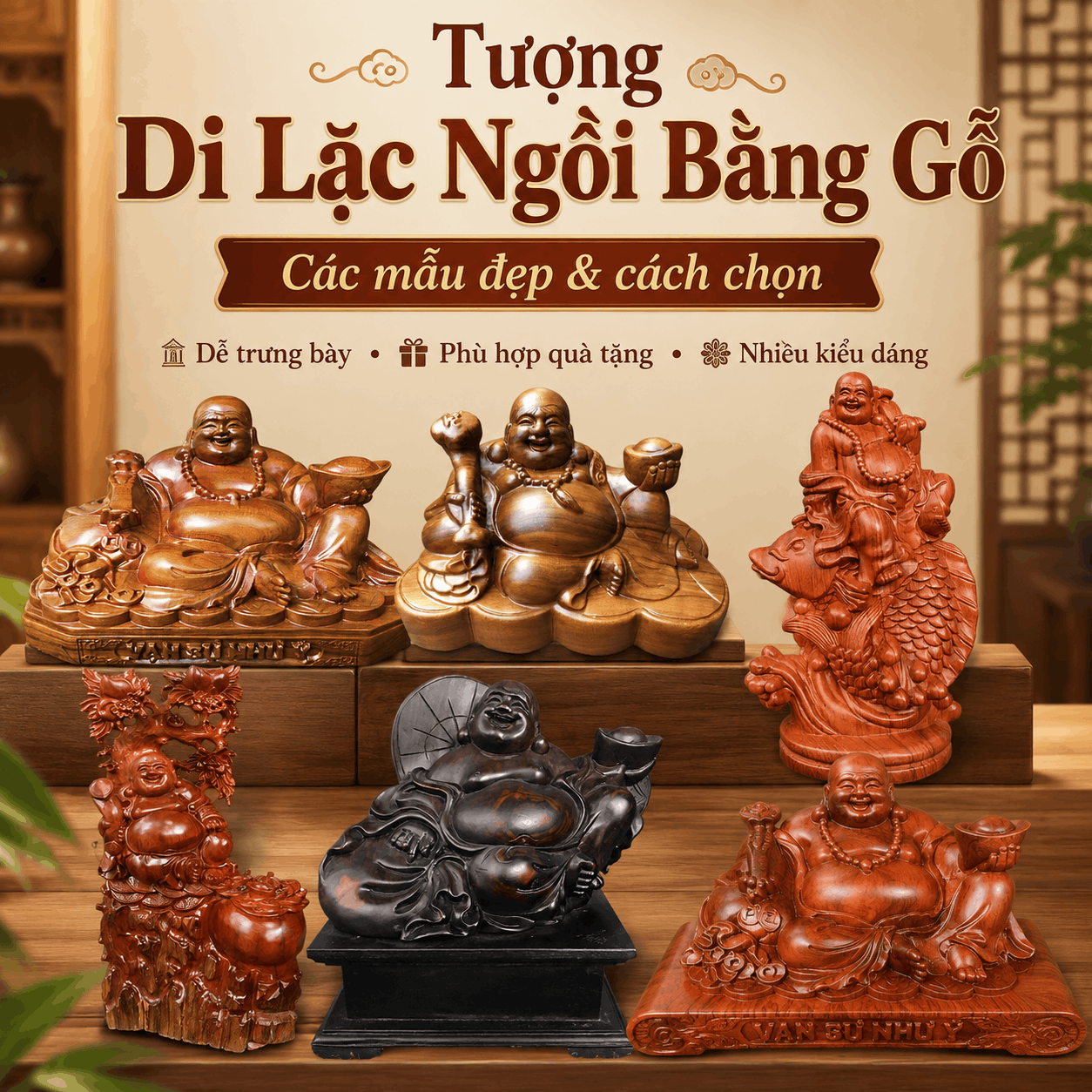 Tượng Di Lặc ngồi bằng gỗ: có những kiểu nào, nên chọn ra sao?