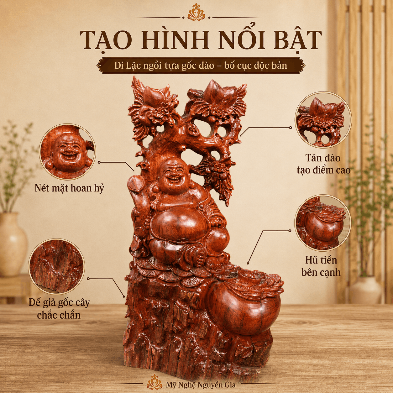 Tượng Di Lặc Ngồi Tựa Gốc Đào Gỗ Hương Độc Bản Cao 60 cm