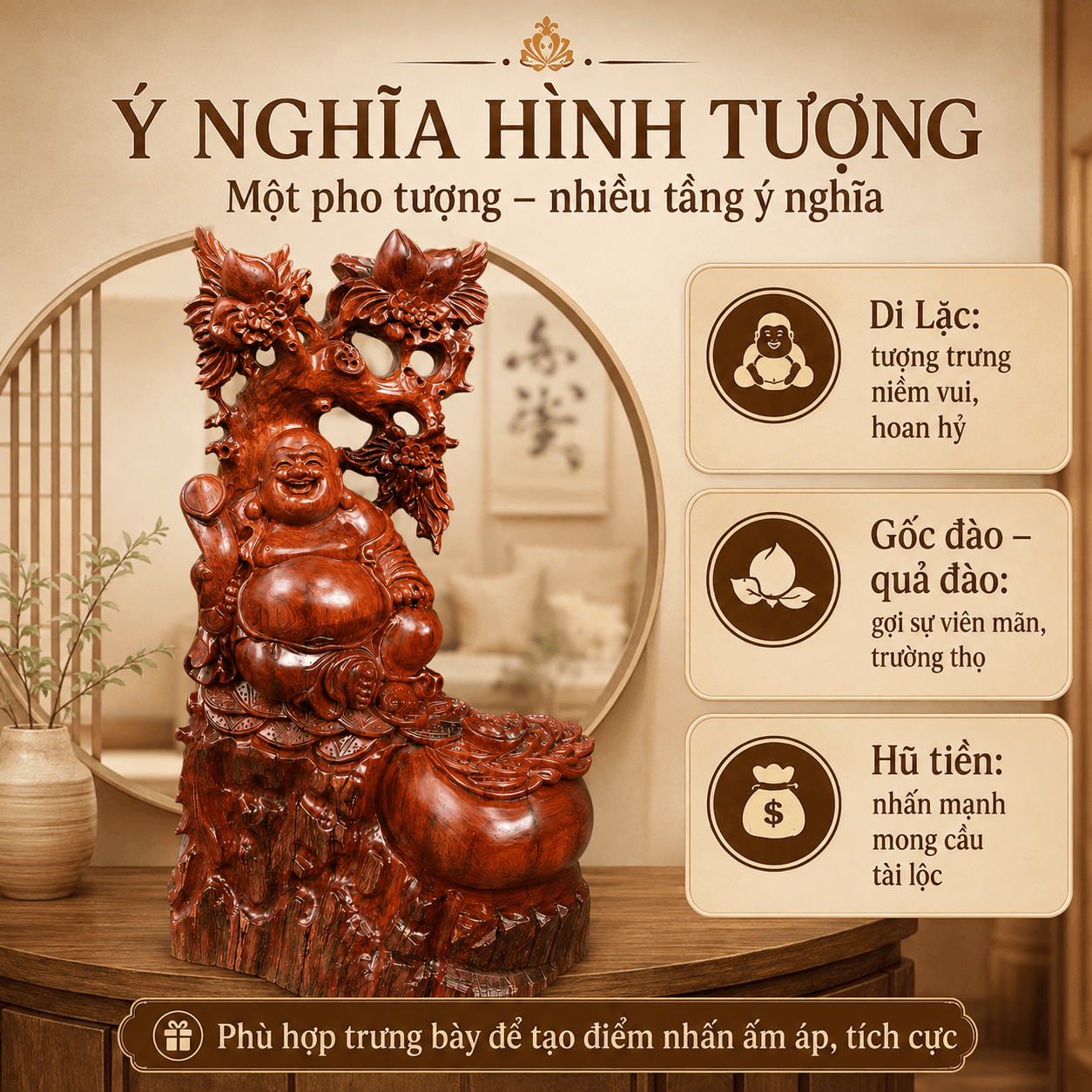 Tượng Di Lặc Ngồi Tựa Gốc Đào Gỗ Hương Độc Bản Cao 60 cm