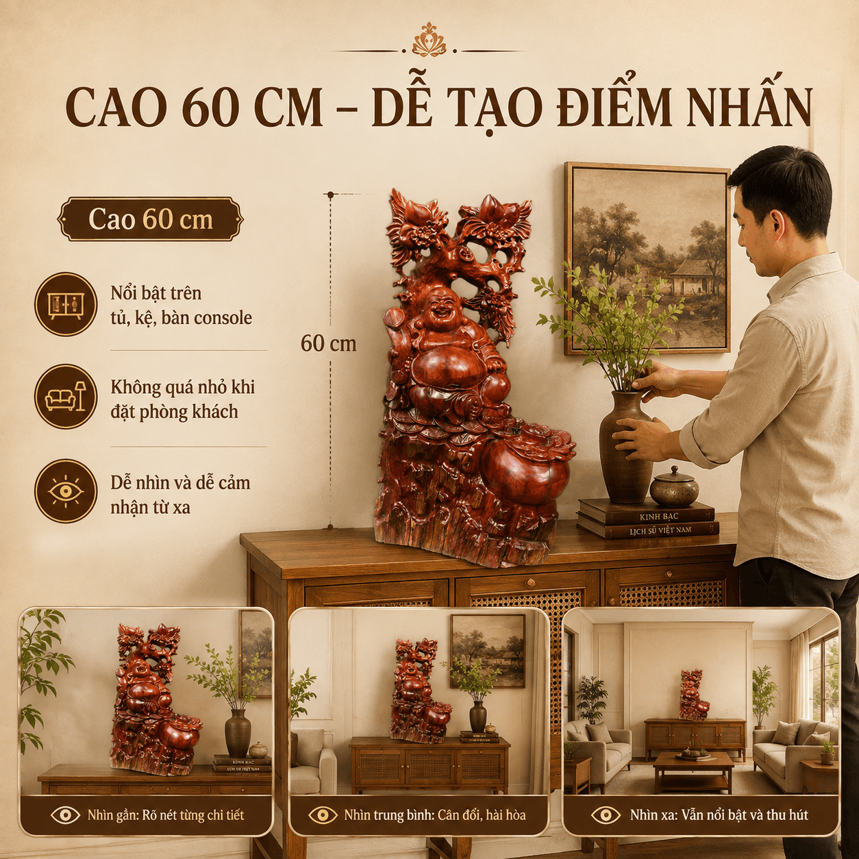 Tượng Di Lặc Ngồi Tựa Gốc Đào Gỗ Hương Độc Bản Cao 60 cm