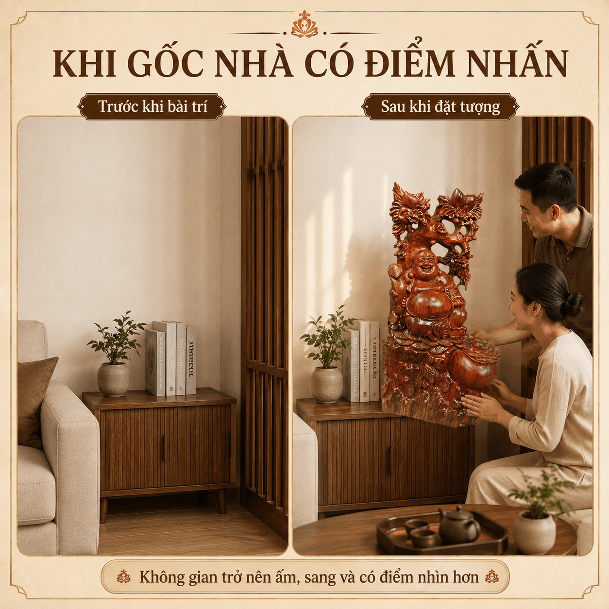 Tượng Di Lặc Ngồi Tựa Gốc Đào Gỗ Hương Độc Bản Cao 60 cm