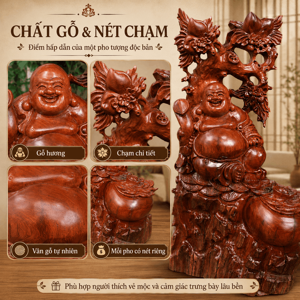 Tượng Di Lặc Ngồi Tựa Gốc Đào Gỗ Hương Độc Bản Cao 60 cm