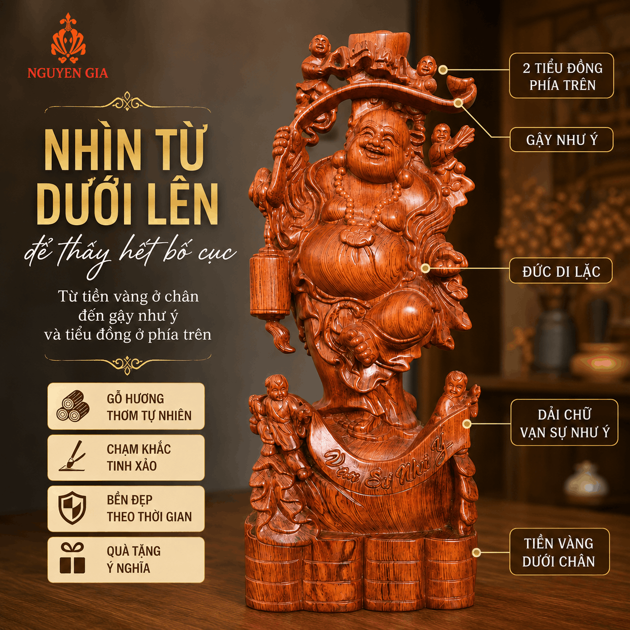 Tượng Di Lặc Ngũ Phúc Cầm Gậy Như Ý Cao 60 cm Bằng Gỗ Hương