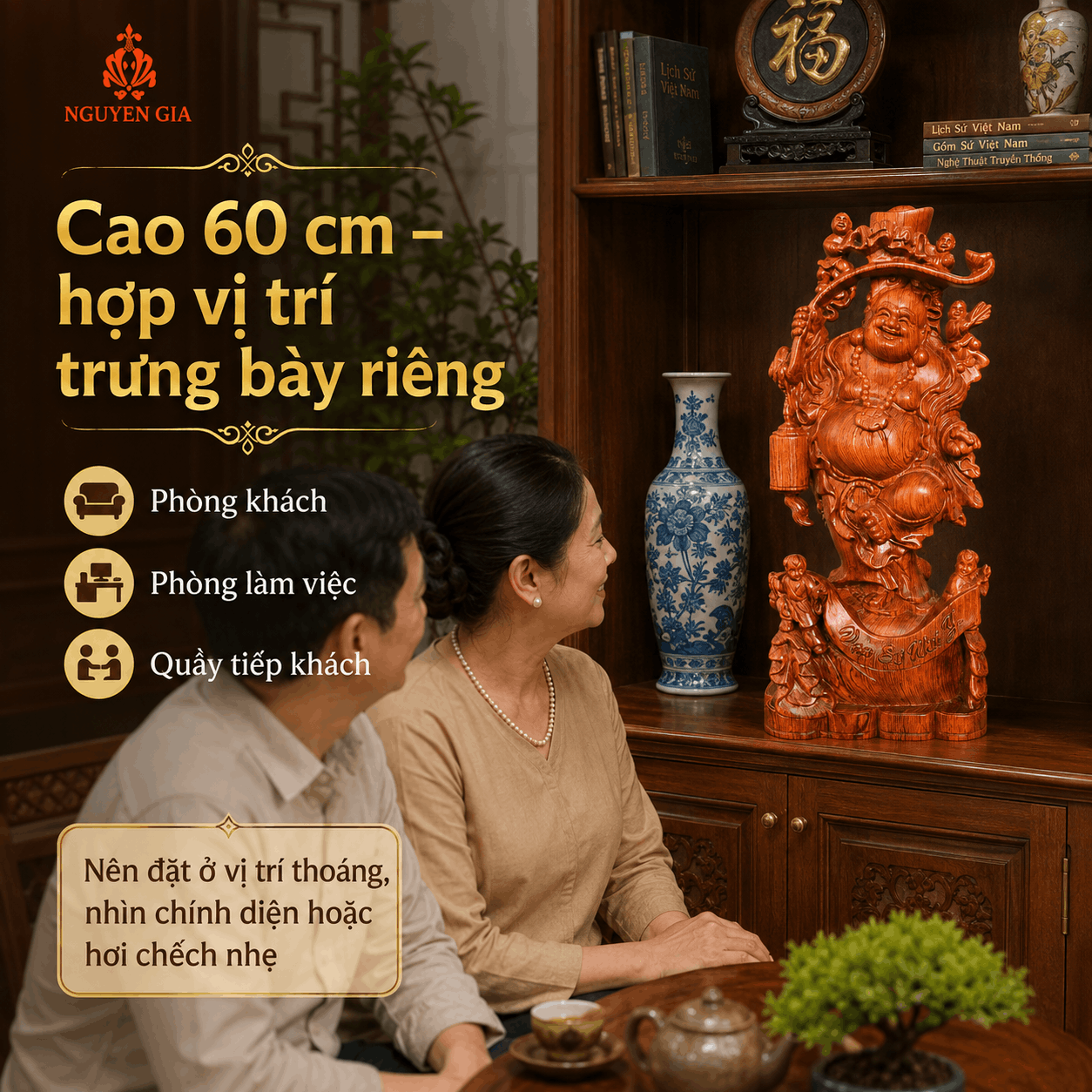 Tượng Di Lặc Ngũ Phúc Cầm Gậy Như Ý Cao 60 cm Bằng Gỗ Hương