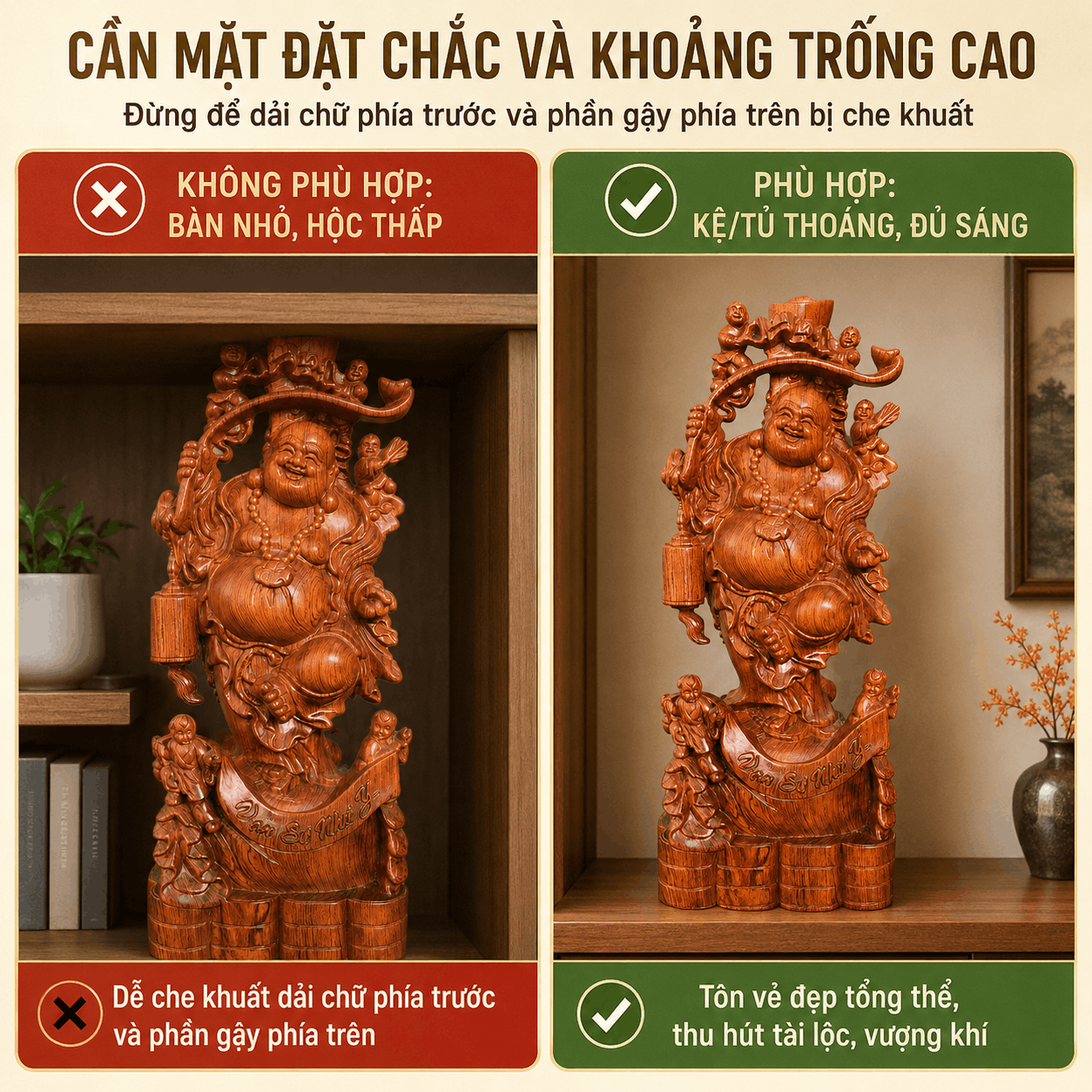 Tượng Di Lặc Ngũ Phúc Cầm Gậy Như Ý Cao 60 cm Bằng Gỗ Hương