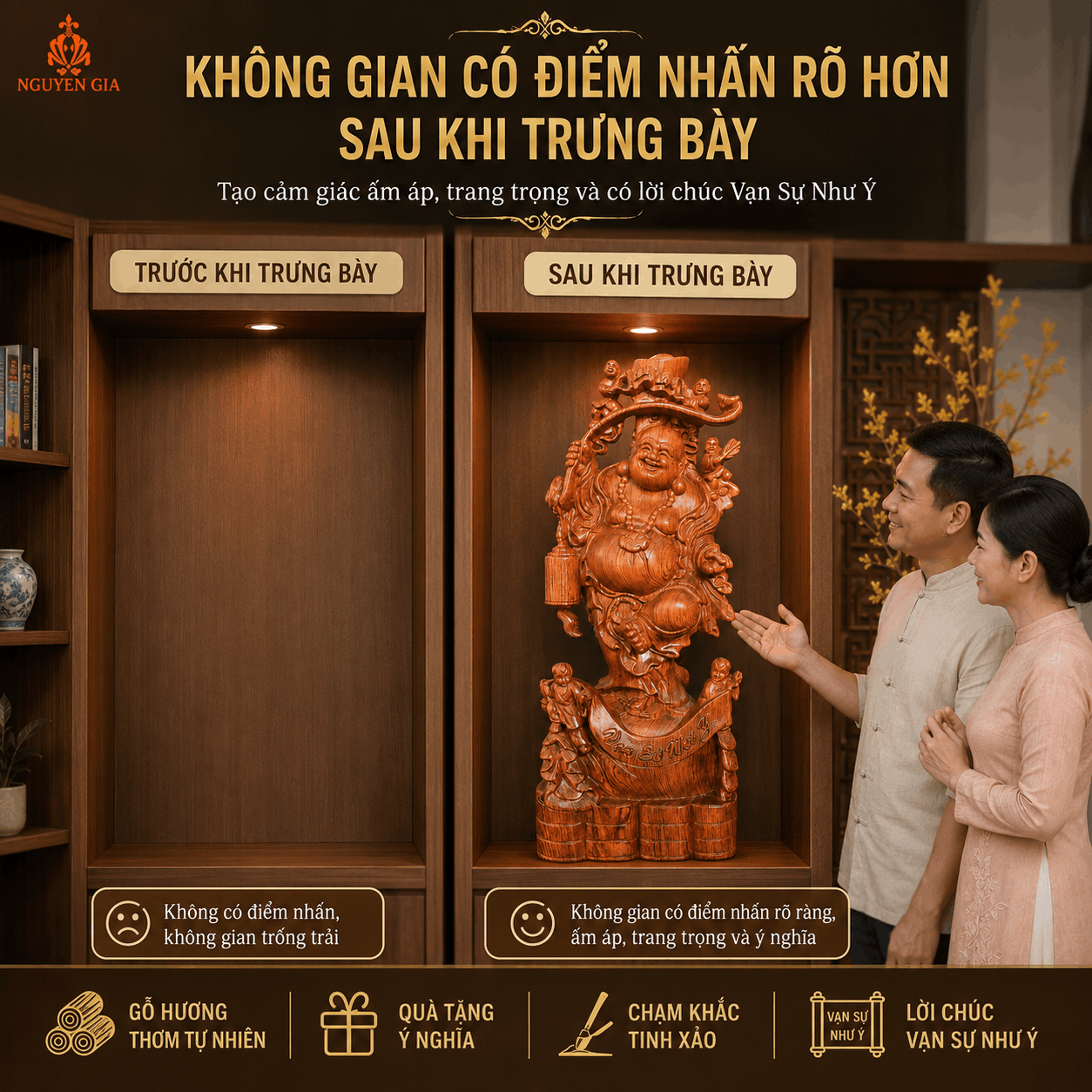 Tượng Di Lặc Ngũ Phúc Cầm Gậy Như Ý Cao 60 cm Bằng Gỗ Hương