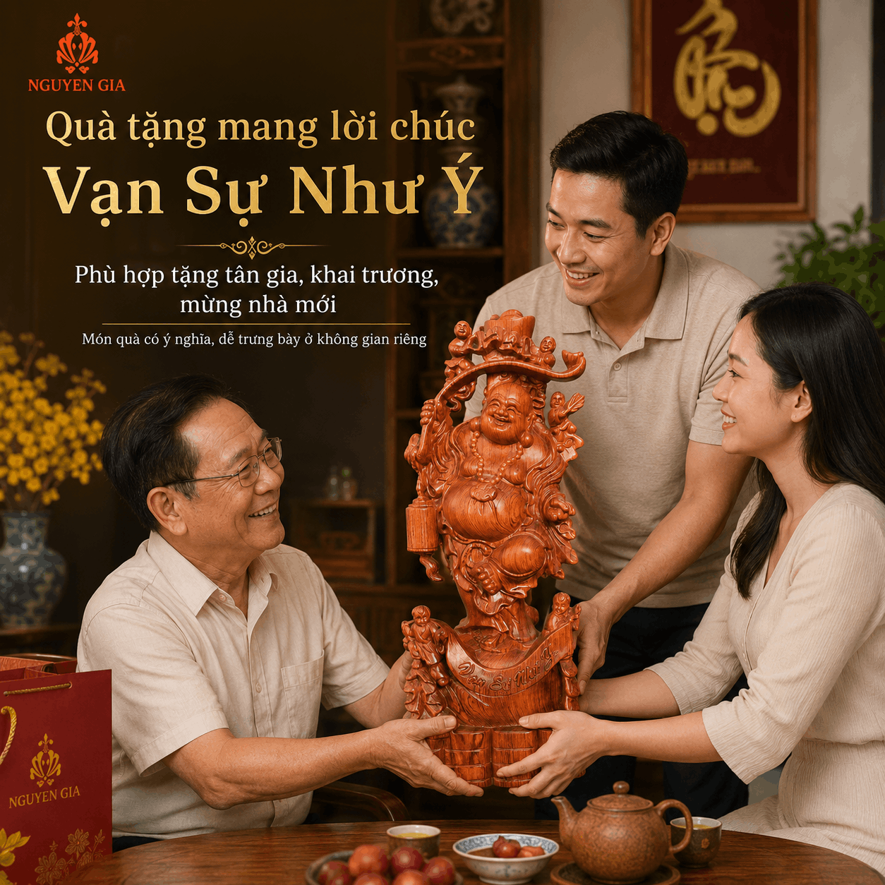 Tượng Di Lặc Ngũ Phúc Cầm Gậy Như Ý Cao 60 cm Bằng Gỗ Hương