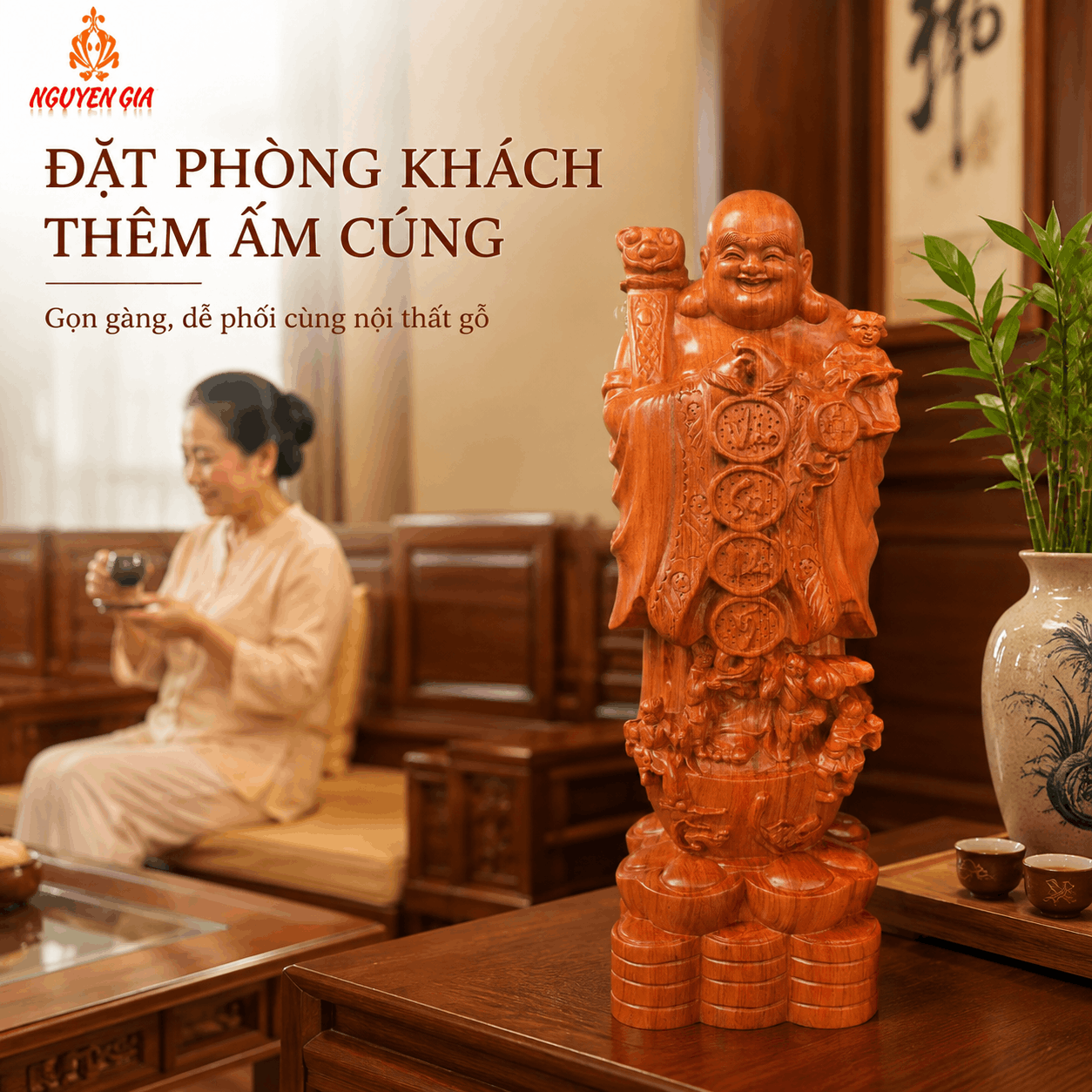 Tượng Di Lặc Ngũ Phúc Chúc Phúc Cao 50 cm Bằng Gỗ Hương