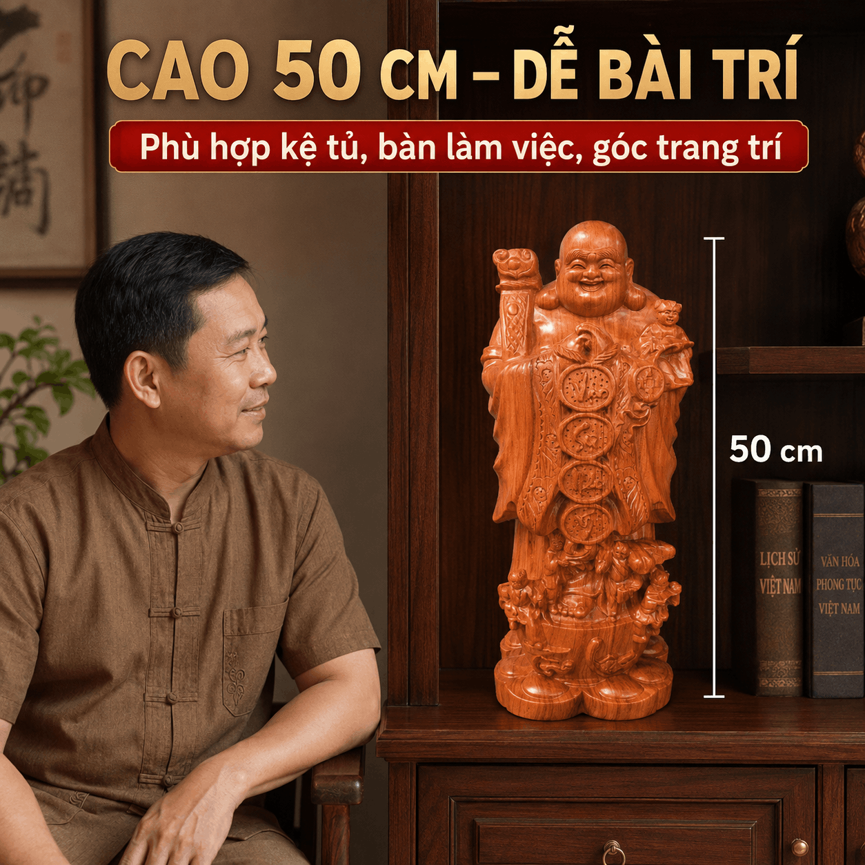 Tượng Di Lặc Ngũ Phúc Chúc Phúc Cao 50 cm Bằng Gỗ Hương