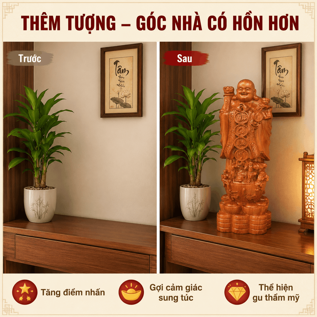 Tượng Di Lặc Ngũ Phúc Chúc Phúc Cao 50 cm Bằng Gỗ Hương