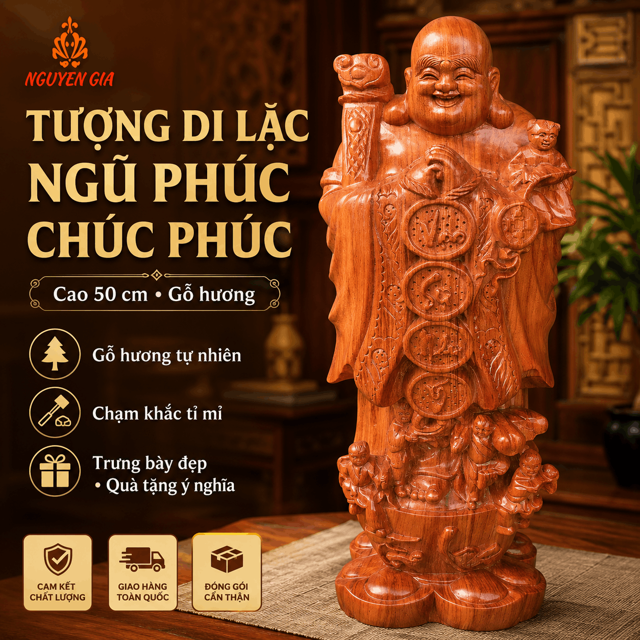 Tượng Di Lặc Ngũ Phúc Chúc Phúc Cao 50 cm Bằng Gỗ Hương