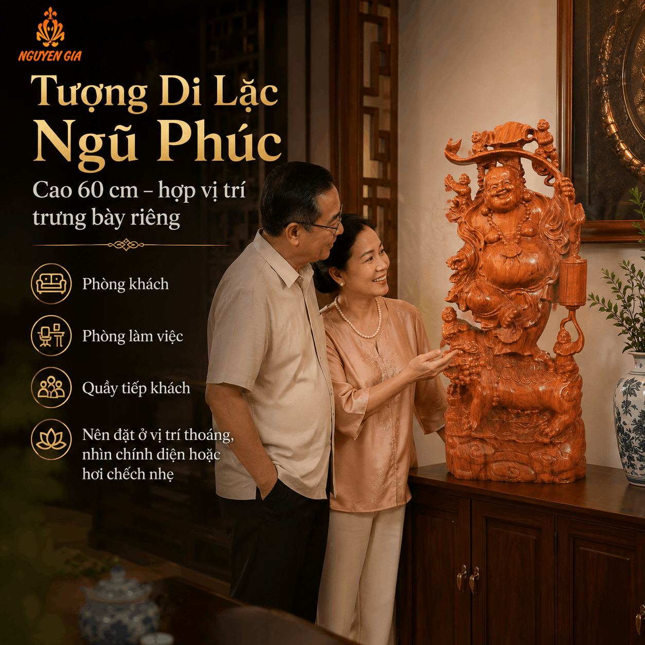 Tượng Di Lặc Ngũ Phúc Đứng Trên Nghê Cao 60 cm Bằng Gỗ Hương