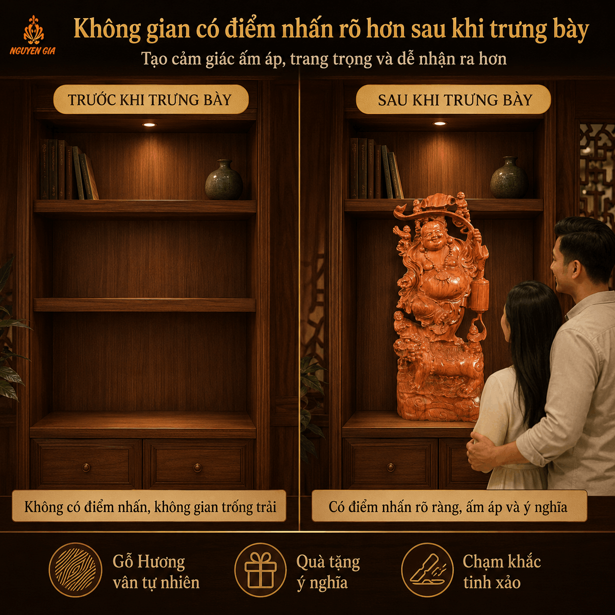 Tượng Di Lặc Ngũ Phúc Đứng Trên Nghê Cao 60 cm Bằng Gỗ Hương