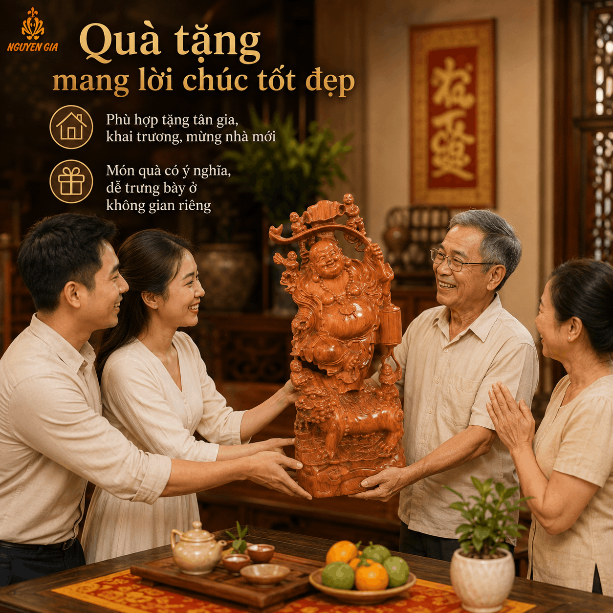 Tượng Di Lặc Ngũ Phúc Đứng Trên Nghê Cao 60 cm Bằng Gỗ Hương