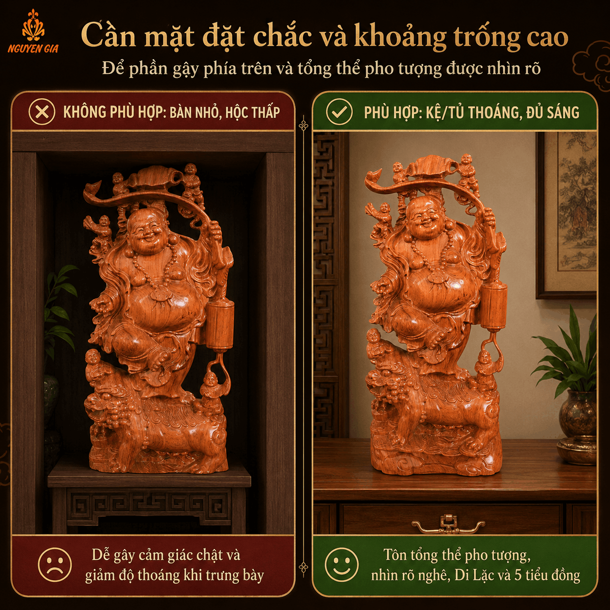 Tượng Di Lặc Ngũ Phúc Đứng Trên Nghê Cao 60 cm Bằng Gỗ Hương