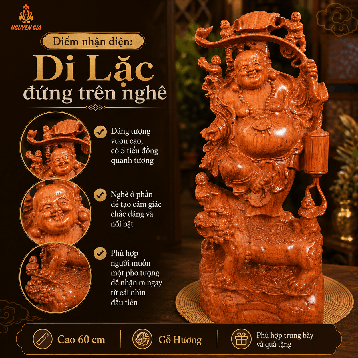 Tượng Di Lặc Ngũ Phúc Đứng Trên Nghê Cao 60 cm Bằng Gỗ Hương