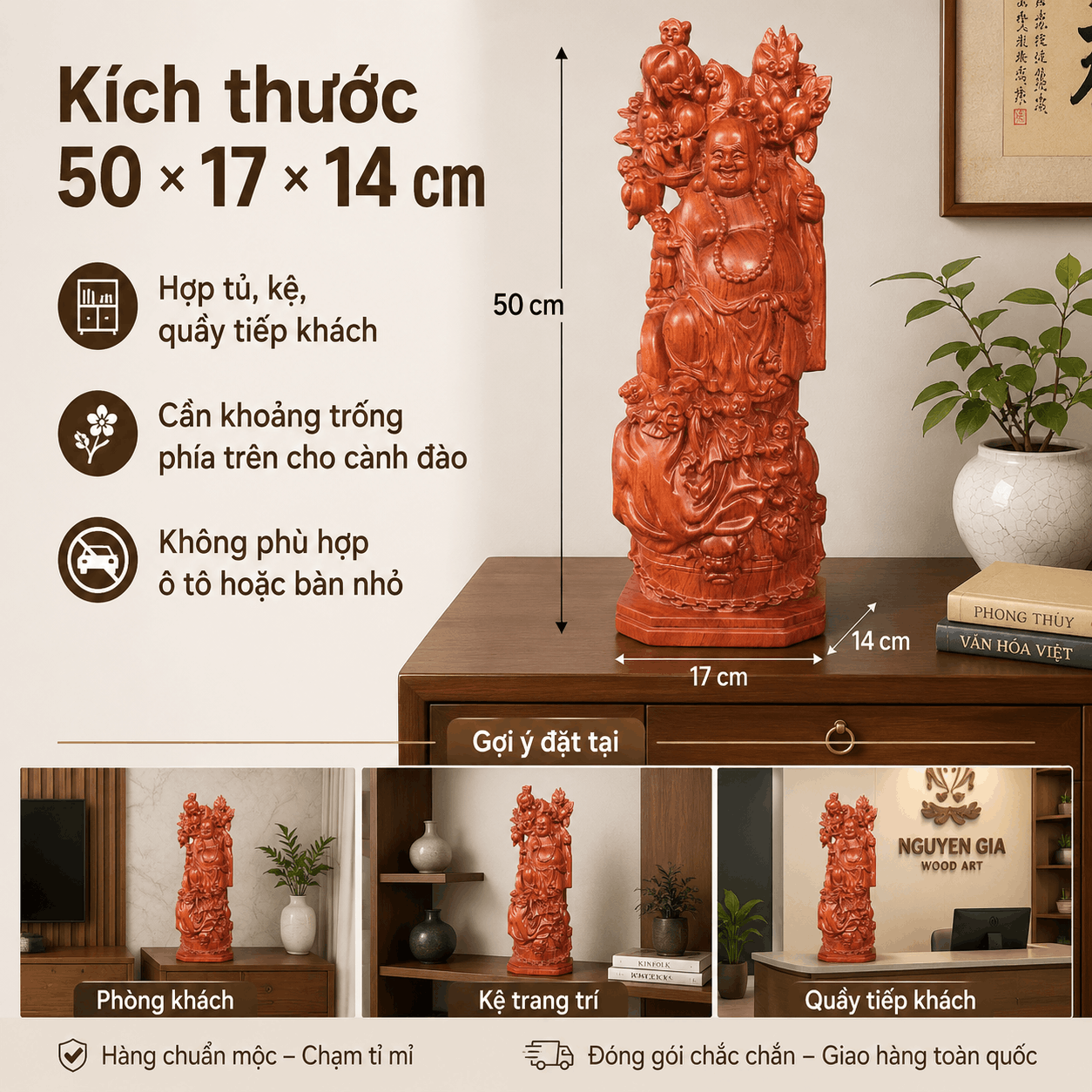 Tượng Di Lặc Ngũ Phúc Vác Cành Đào Cao 50 cm Bằng Gỗ Hương