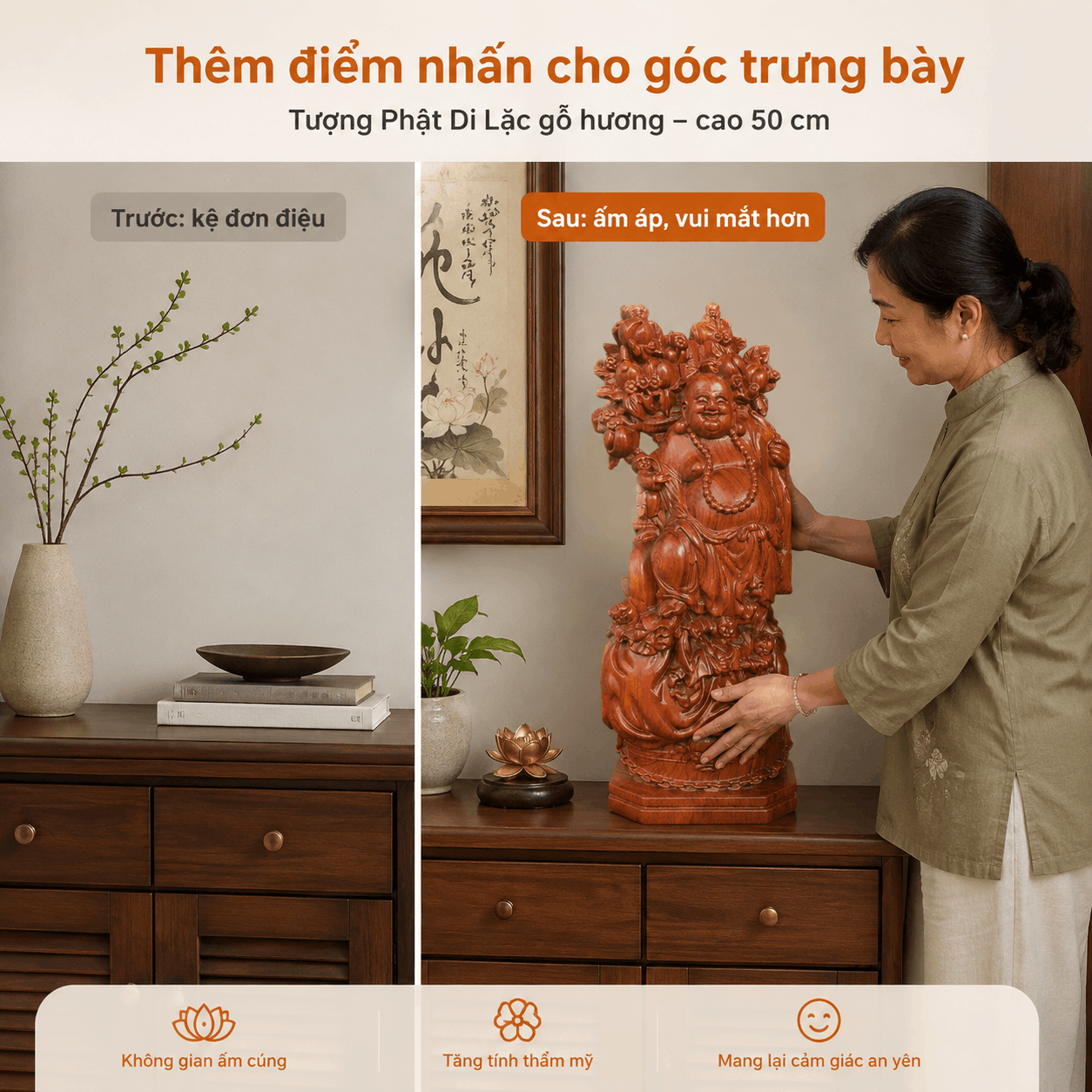 Tượng Di Lặc Ngũ Phúc Vác Cành Đào Cao 50 cm Bằng Gỗ Hương
