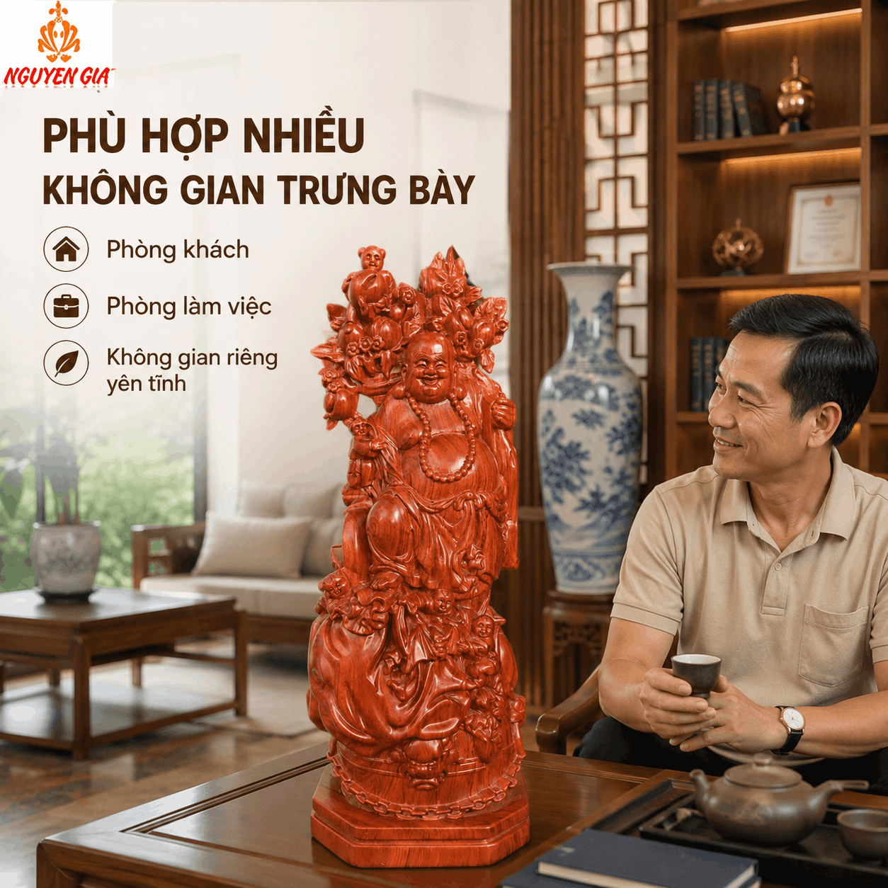 Tượng Di Lặc Ngũ Phúc Vác Cành Đào Cao 50 cm Bằng Gỗ Hương