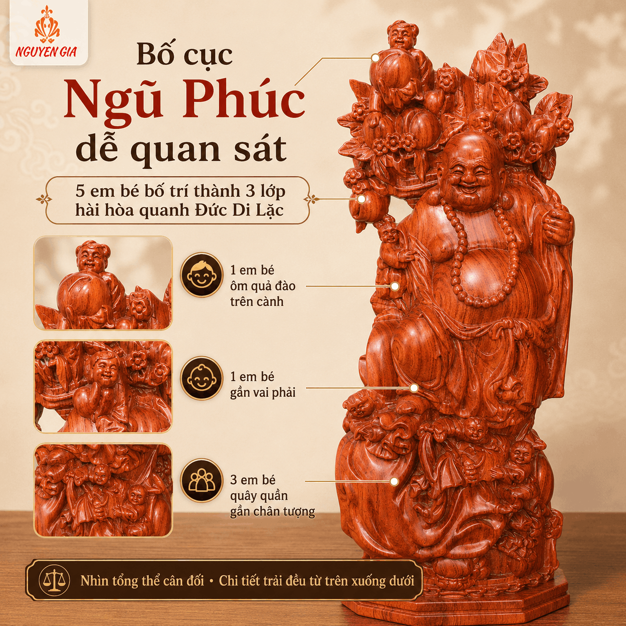 Tượng Di Lặc Ngũ Phúc Vác Cành Đào Cao 50 cm Bằng Gỗ Hương