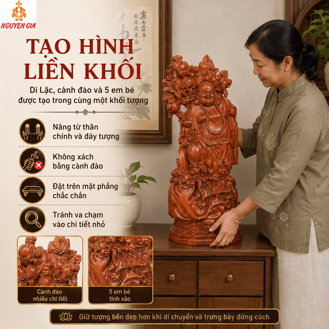 Tượng Di Lặc Ngũ Phúc Vác Cành Đào Cao 50 cm Bằng Gỗ Hương