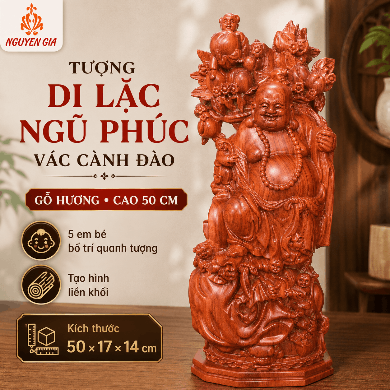 Tượng Di Lặc Ngũ Phúc Vác Cành Đào Cao 50 cm Bằng Gỗ Hương