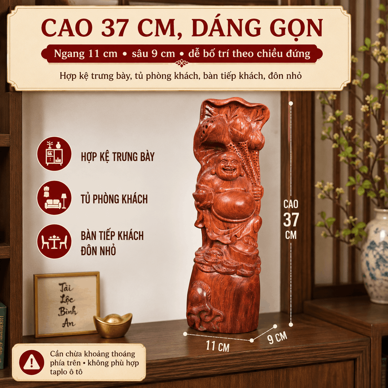 Tượng Di Lặc ôm sen tài lộc gỗ Hương cao 37 cm – độc bản