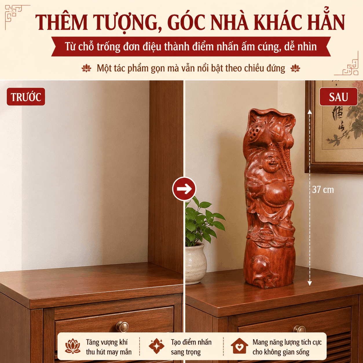 Tượng Di Lặc ôm sen tài lộc gỗ Hương cao 37 cm – độc bản