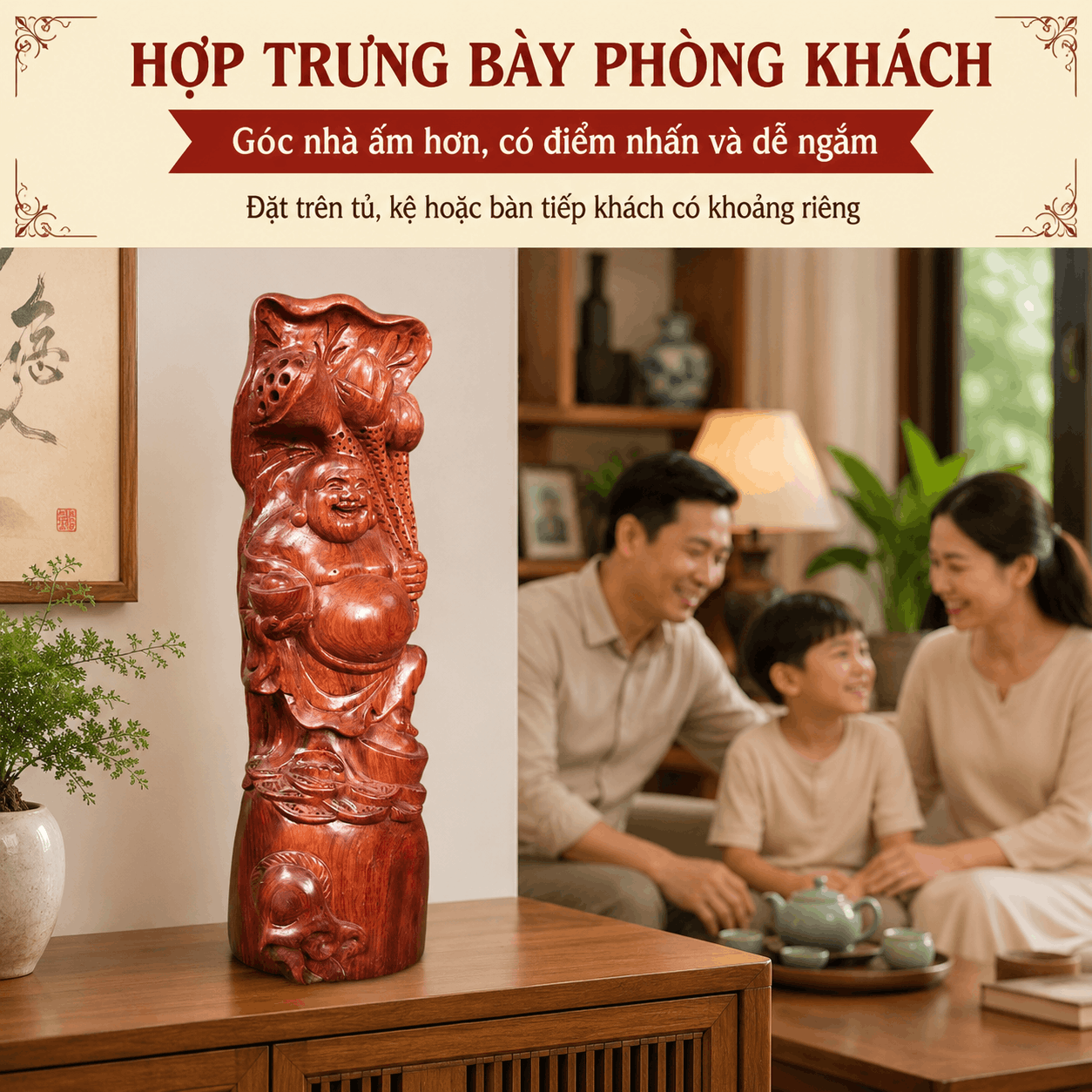 Tượng Di Lặc ôm sen tài lộc gỗ Hương cao 37 cm – độc bản