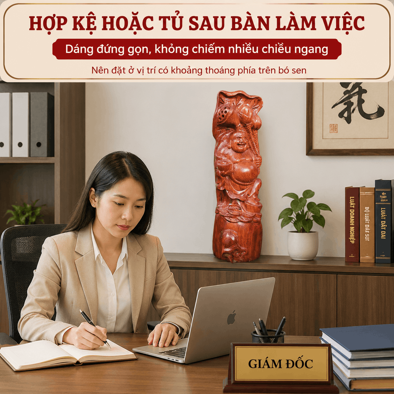 Tượng Di Lặc ôm sen tài lộc gỗ Hương cao 37 cm – độc bản