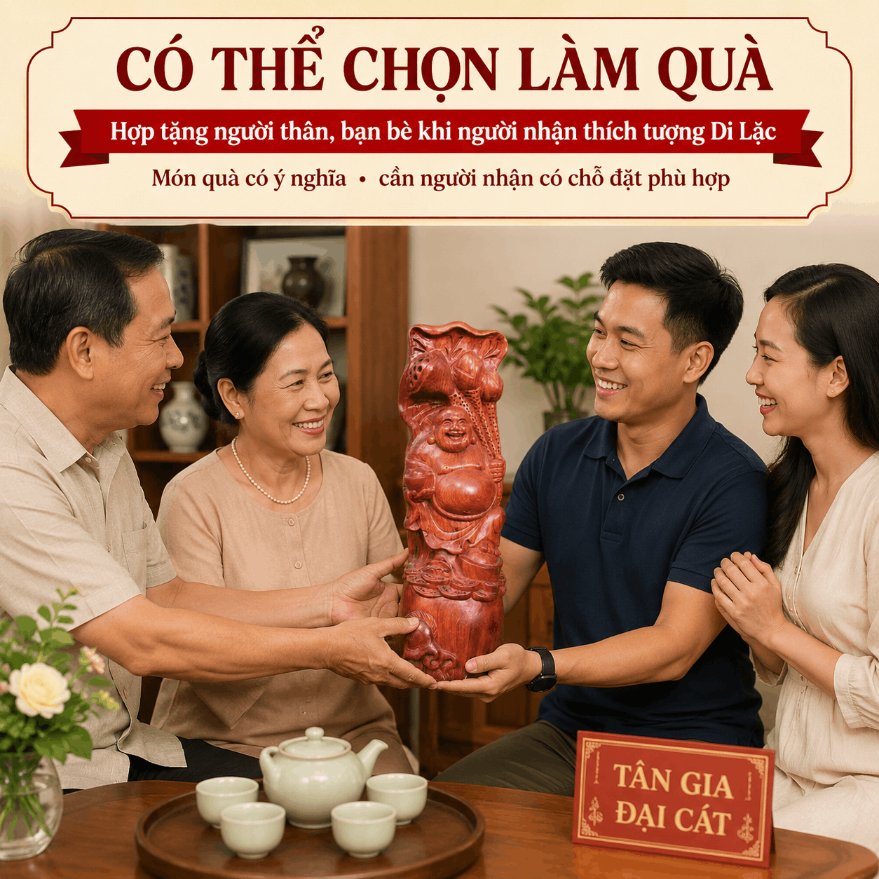 Tượng Di Lặc ôm sen tài lộc gỗ Hương cao 37 cm – độc bản