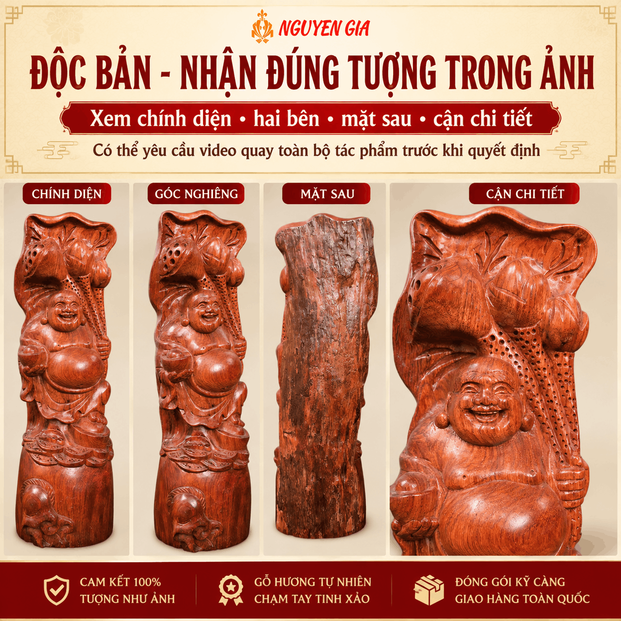 Tượng Di Lặc ôm sen tài lộc gỗ Hương cao 37 cm – độc bản