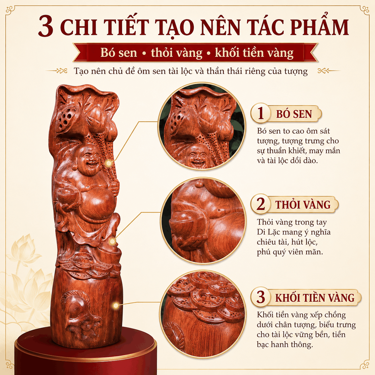 Tượng Di Lặc ôm sen tài lộc gỗ Hương cao 37 cm – độc bản