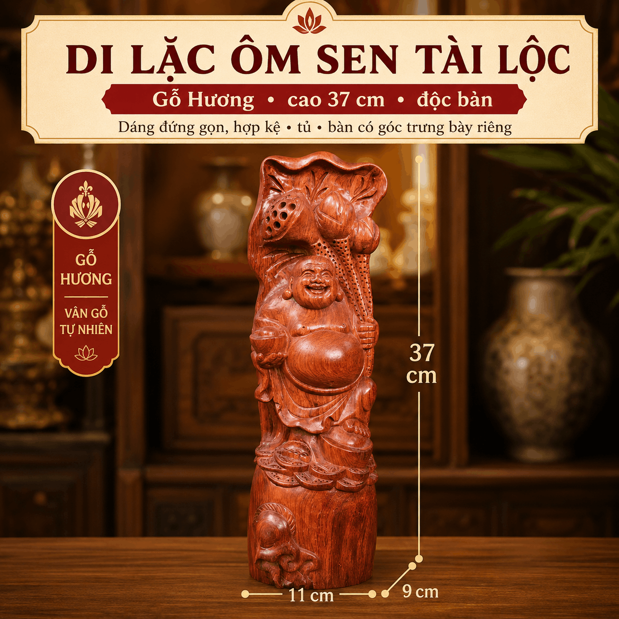 Tượng Di Lặc ôm sen tài lộc gỗ Hương cao 37 cm – độc bản