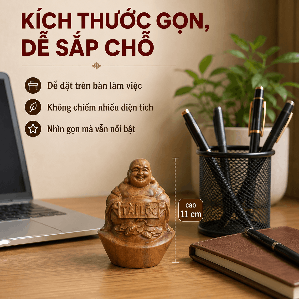 Tượng Di Lặc Tài Lộc ngồi trên đĩnh vàng gỗ Bách Xanh cao 11 cm
