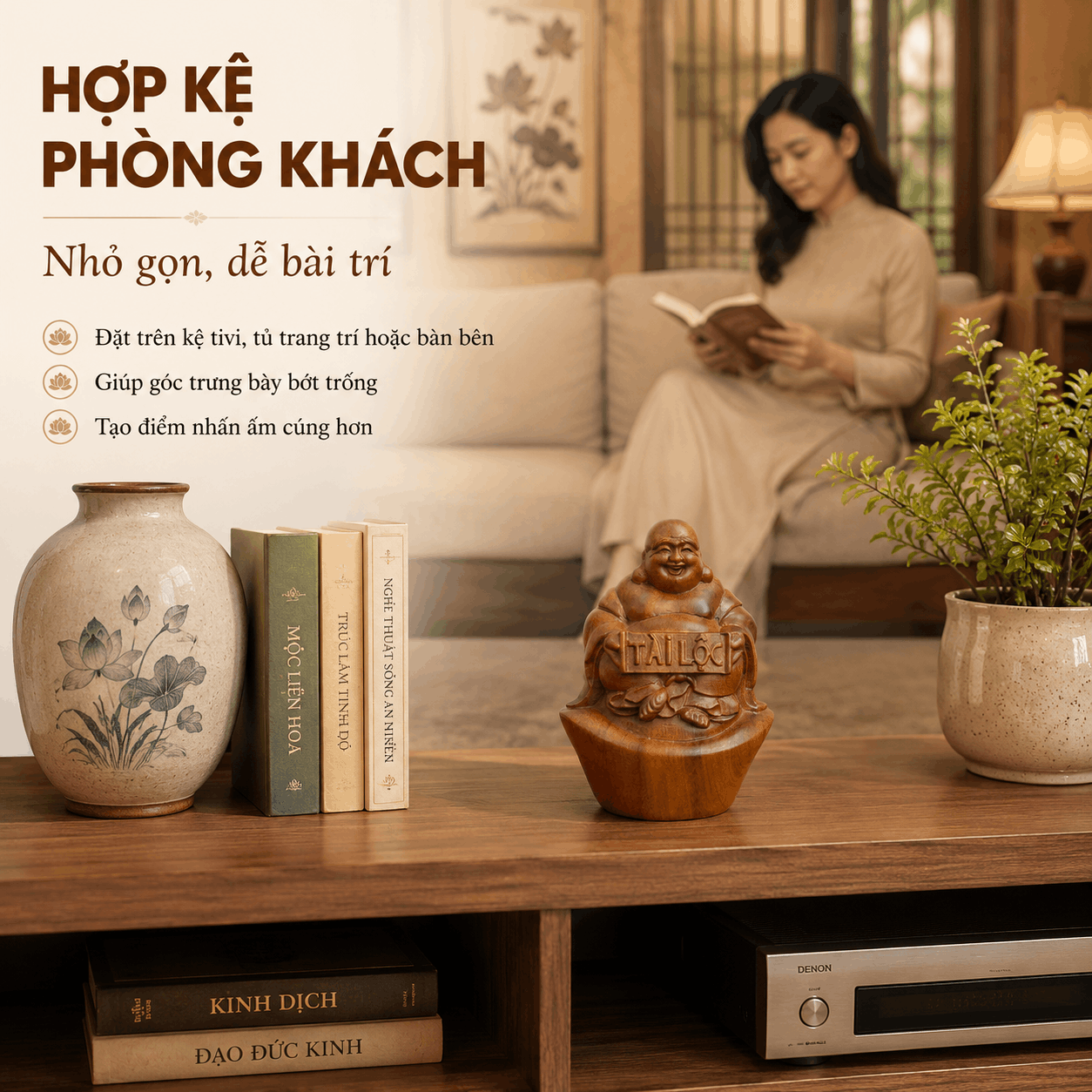 Tượng Di Lặc Tài Lộc ngồi trên đĩnh vàng gỗ Bách Xanh cao 11 cm