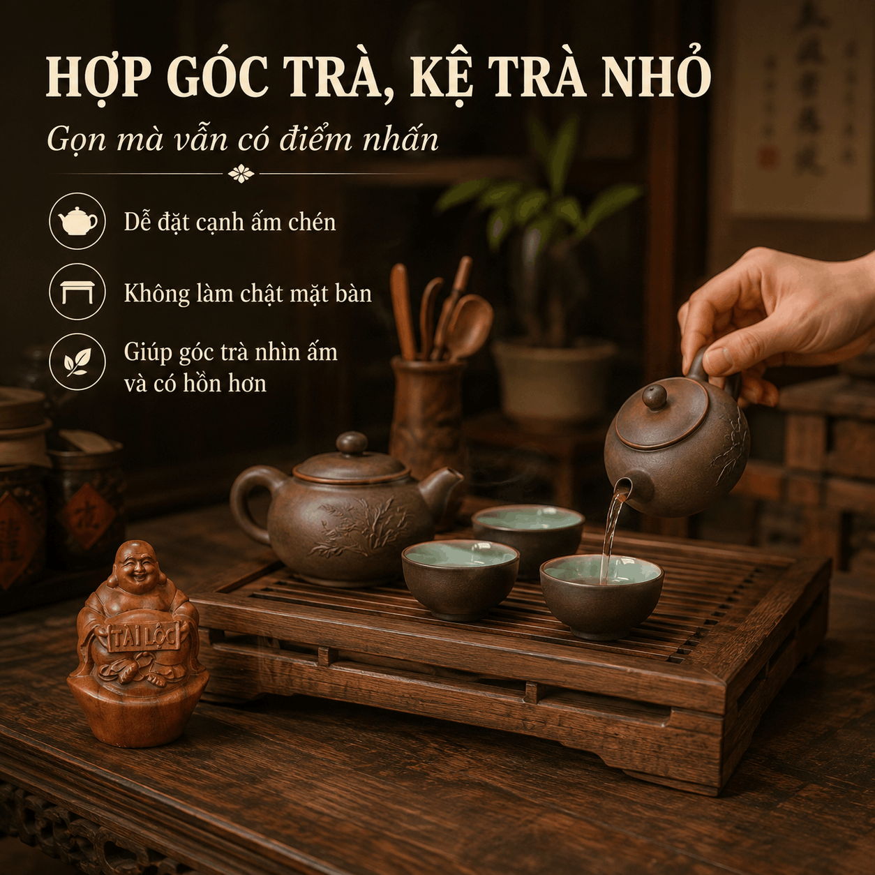 Tượng Di Lặc Tài Lộc ngồi trên đĩnh vàng gỗ Bách Xanh cao 11 cm