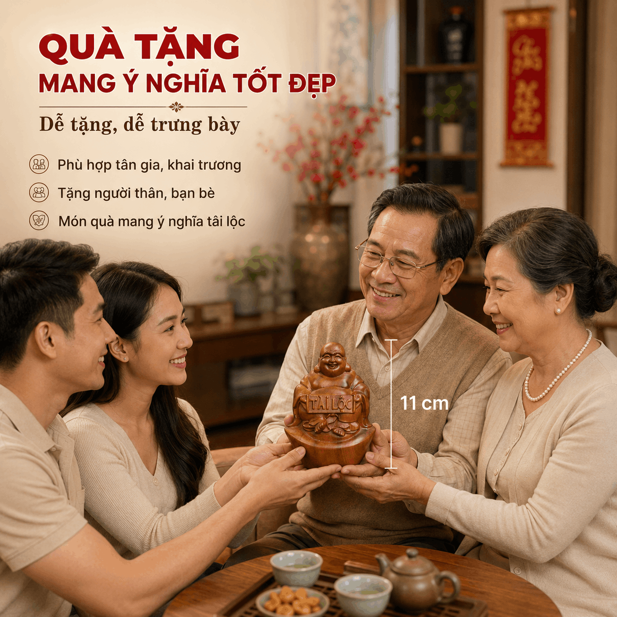 Tượng Di Lặc Tài Lộc ngồi trên đĩnh vàng gỗ Bách Xanh cao 11 cm