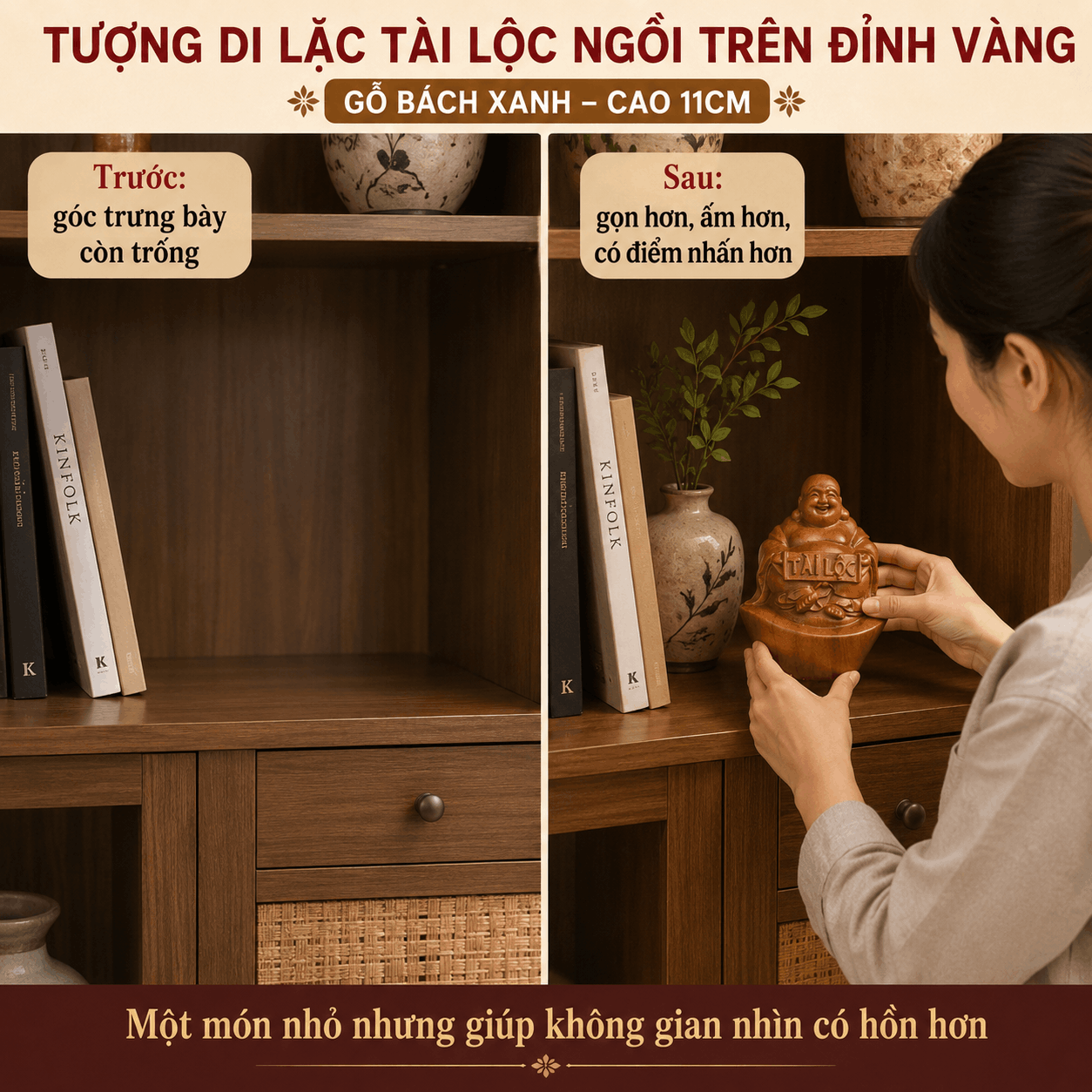 Tượng Di Lặc Tài Lộc ngồi trên đĩnh vàng gỗ Bách Xanh cao 11 cm