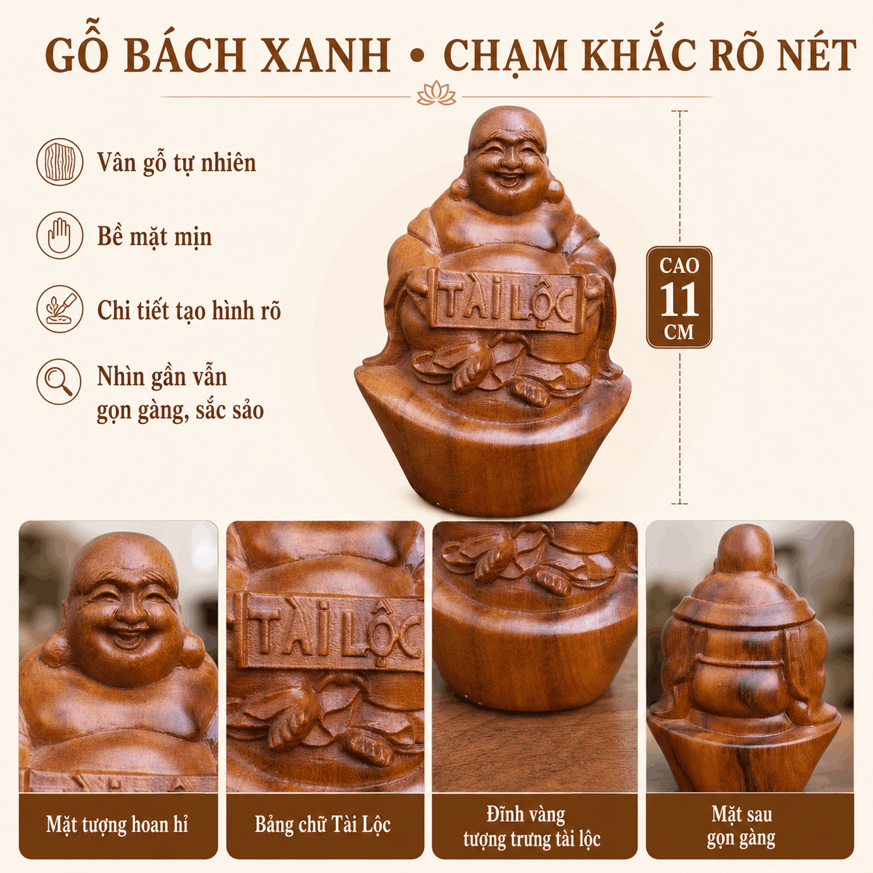 Tượng Di Lặc Tài Lộc ngồi trên đĩnh vàng gỗ Bách Xanh cao 11 cm