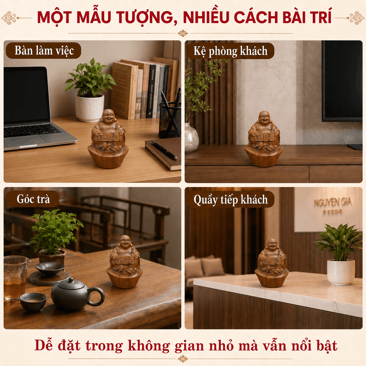 Tượng Di Lặc Tài Lộc ngồi trên đĩnh vàng gỗ Bách Xanh cao 11 cm