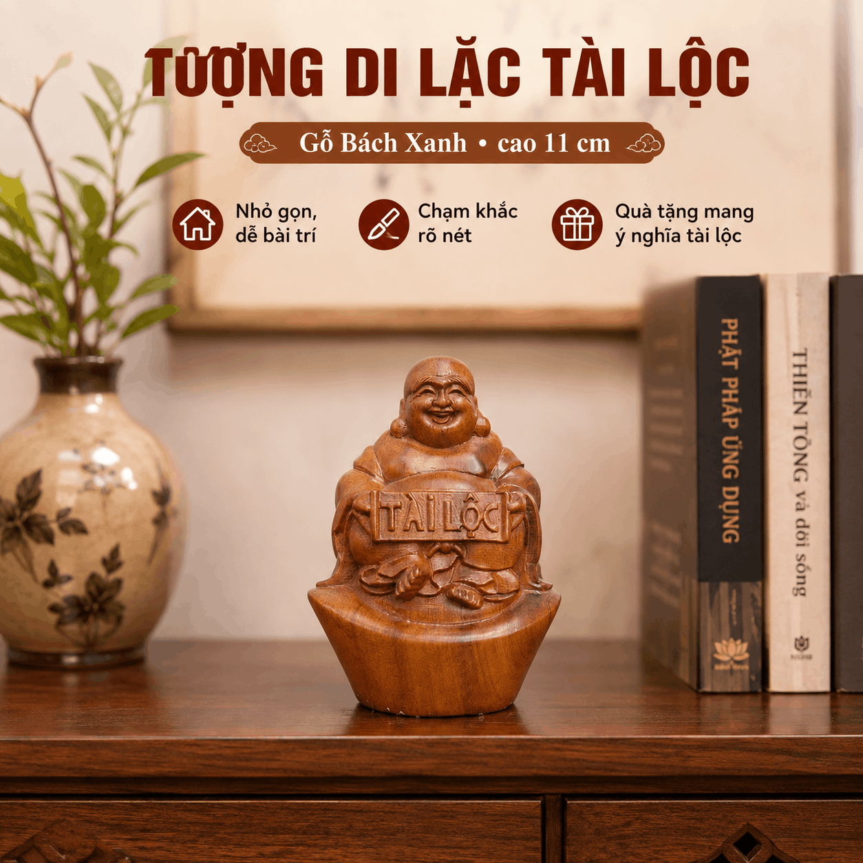 Tượng Di Lặc Tài Lộc ngồi trên đĩnh vàng gỗ Bách Xanh cao 11 cm
