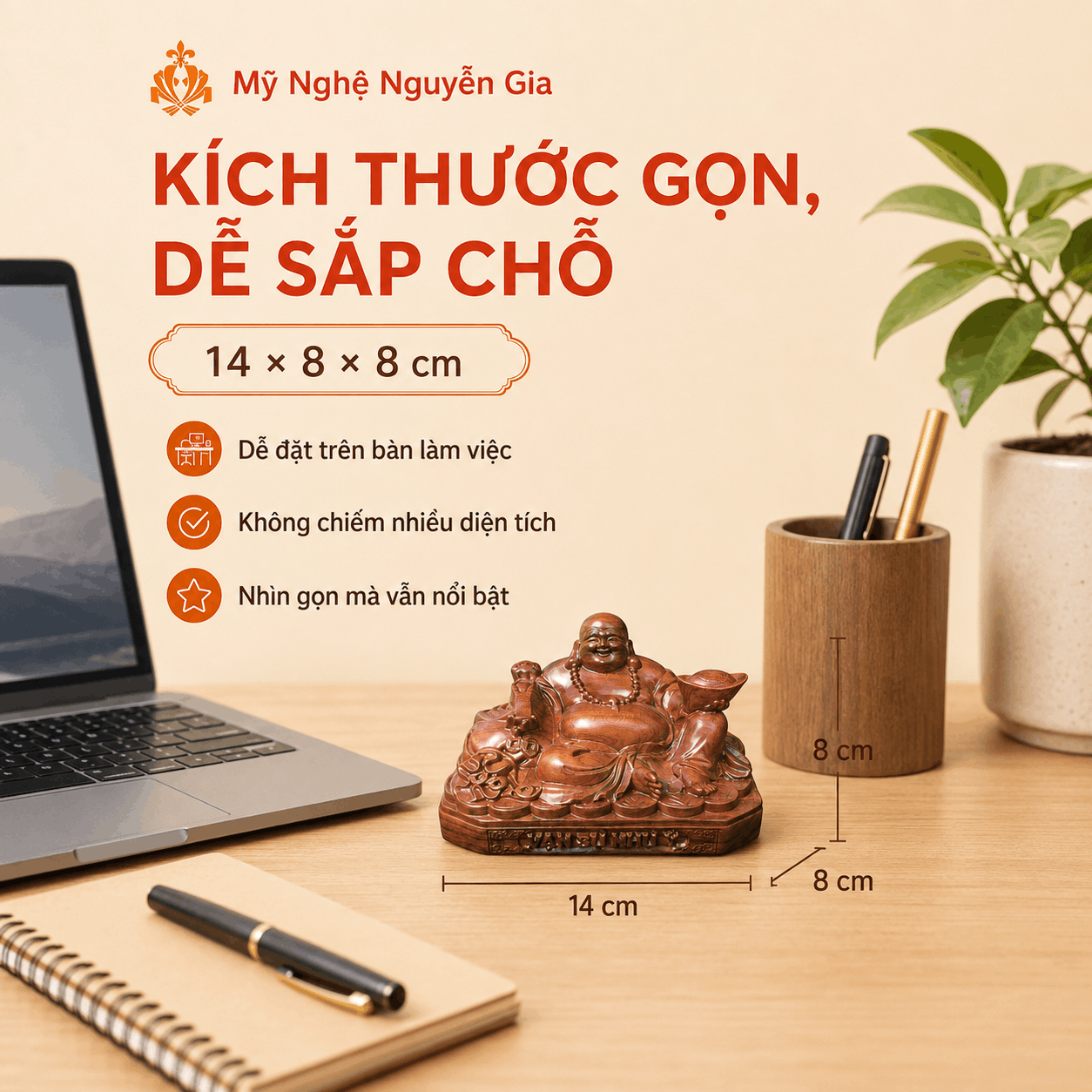 Tượng Di Lặc Vạn Sự Như Ý gỗ Bách Xanh 14 × 8 × 8 cm