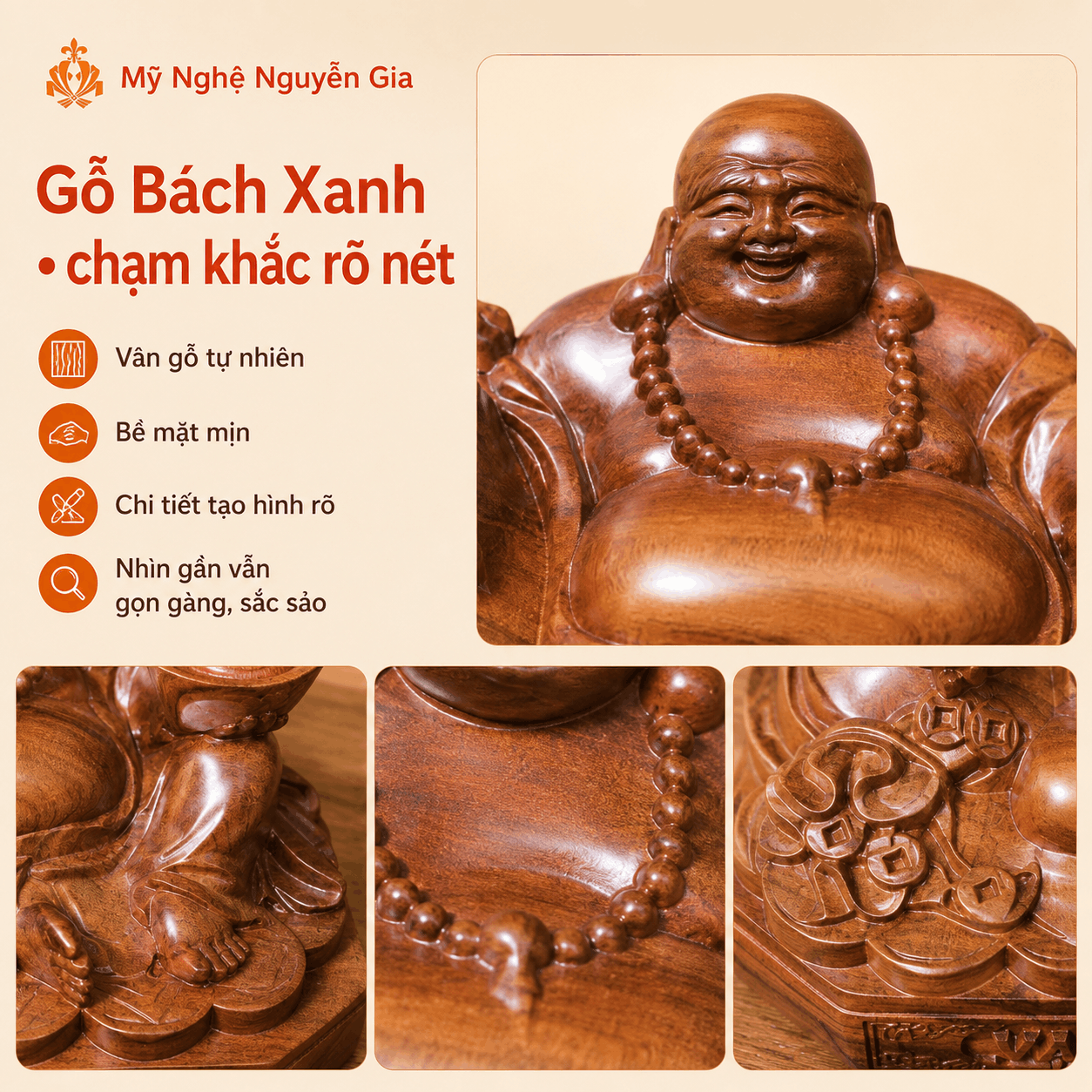 Tượng Di Lặc Vạn Sự Như Ý gỗ Bách Xanh 14 × 8 × 8 cm