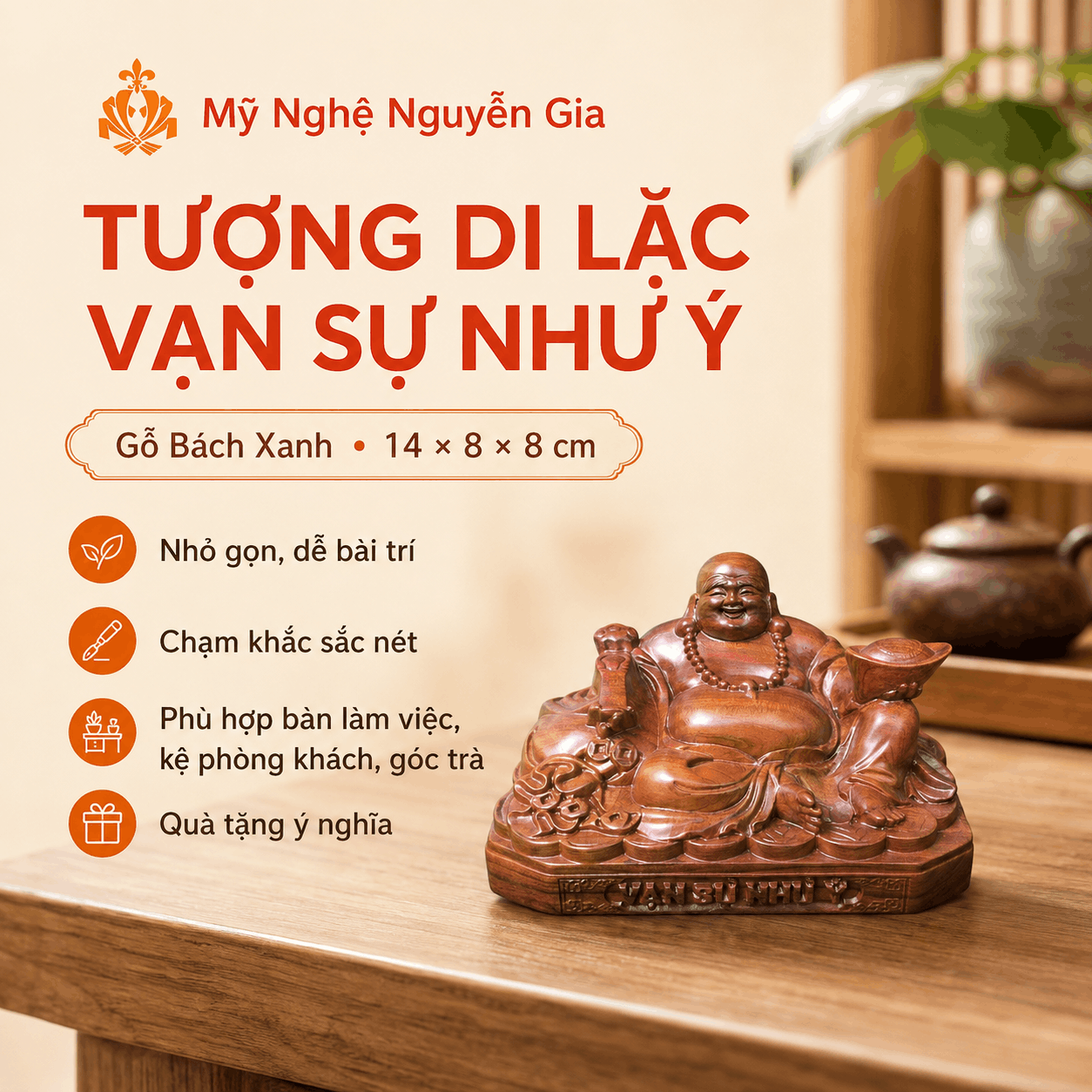 Tượng Di Lặc Vạn Sự Như Ý gỗ Bách Xanh 14 × 8 × 8 cm