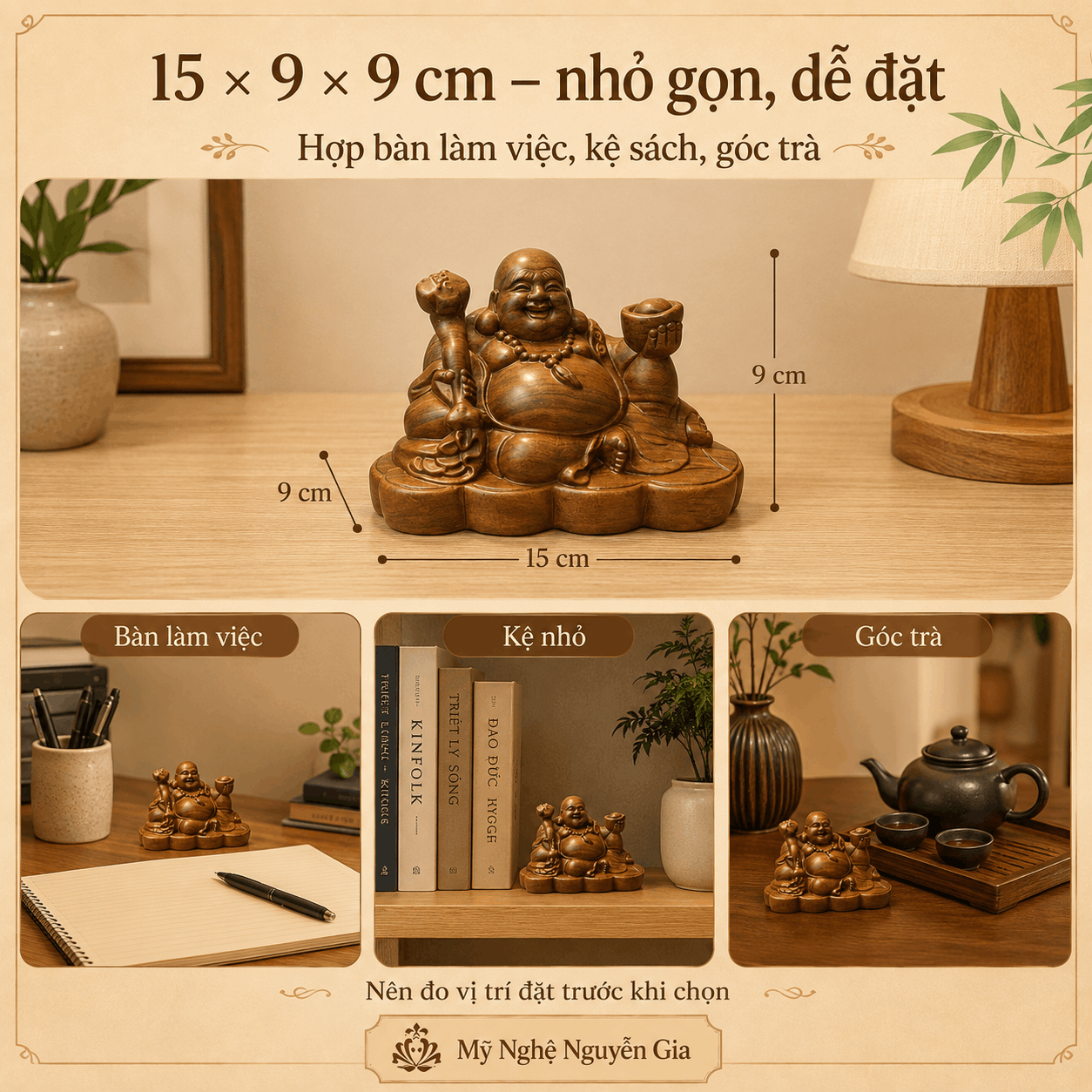 Tượng Di Lặc cầm gậy như ý gỗ Bách Xanh 15 × 9 × 9 cm